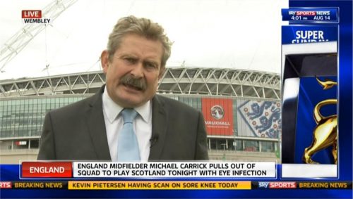 Sky Sports’ Nick Collins takes a tumble live on air